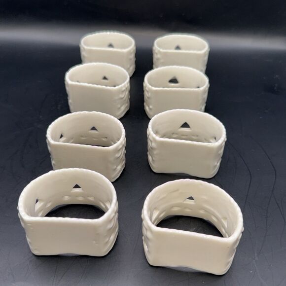 Set of 8 Skye McGhie Porcelain Napkin Rings Cream Lace Pattern Off White Holders - Picture 6 of 7